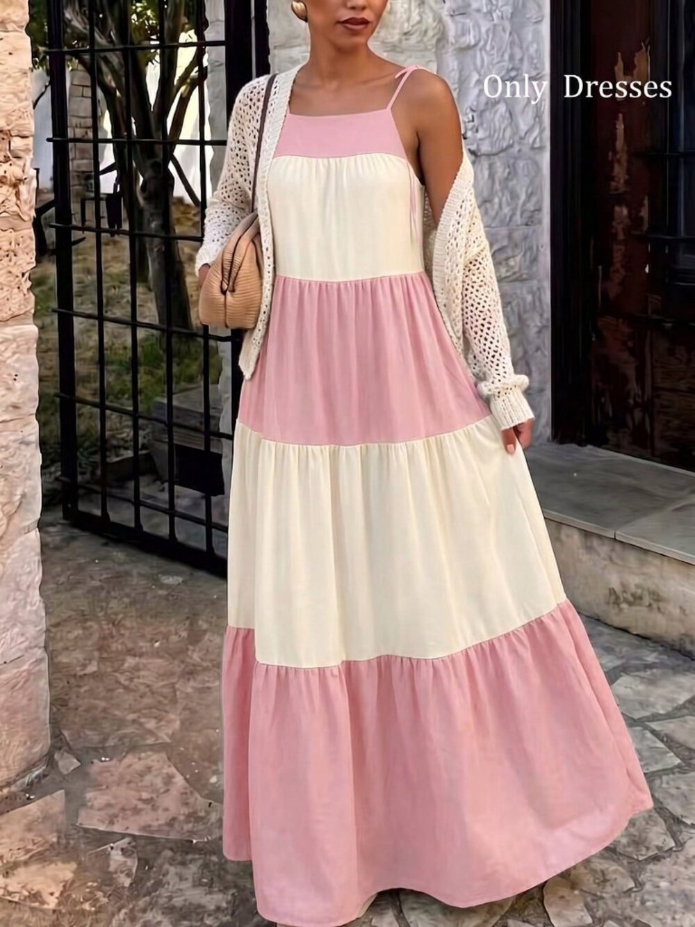 Pink Casual Women's Contrast Color Block Maxi Dress - Picture 2 of 4